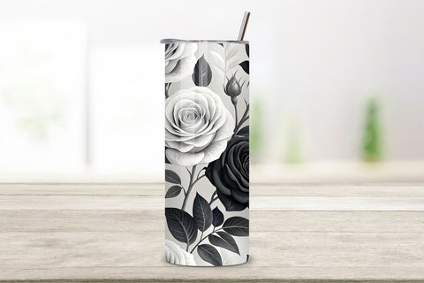 3D Black and White Rose Seamless Tumbler Wrap, Monochrome Elegance, seamless tumbler wrap, black white design, monochrome floral wrap, elegant rose design, watercolor rose design, 20oz skinny tumbler, tapered tumbler wrap, straight tumbler design Sublimation FloridPrintables 