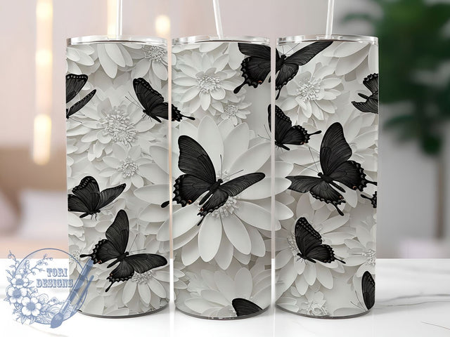 3D Black Butterfly Gothic 20oz Tumbler Wrap, Elegant Black Flowers Sublimation, Gothic Butterfly 20oz Wrap, Seamless Dark Floral Design, Watercolor Black Butterfly Tumbler Sublimation ToriDesigns 