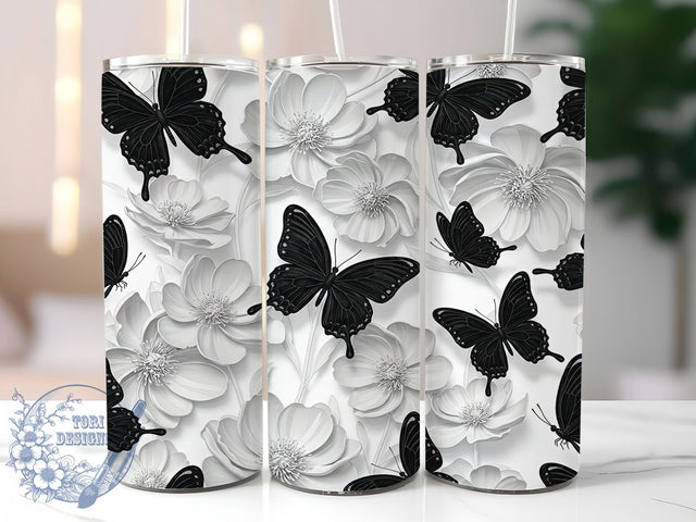 3D Black Butterfly Gothic 20oz Tumbler Wrap, Elegant Black Flowers Sublimation, Gothic Butterfly 20oz Wrap, Seamless Dark Floral Design, Watercolor Black Butterfly Tumbler Sublimation ToriDesigns 