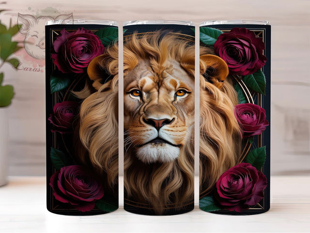 3D Black Gold Lion Tumbler, Black Gold Rose Wrap, 20Oz Skinny Tumbler, Regal Animal Sublimation, Elegant Floral Design, Bold Jungle Tumbler, Luxury Nature Wrap Sublimation Lara' s Designs 