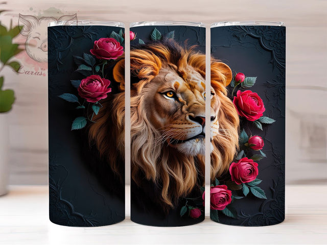 3D Black Gold Lion Tumbler, Black Gold Rose Wrap, 20Oz Skinny Tumbler, Regal Animal Sublimation, Elegant Floral Design, Bold Jungle Tumbler, Luxury Nature Wrap Sublimation Lara' s Designs 