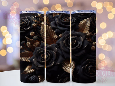 3D Black Gold Rose Tumbler, Black and Gold Design, Elegant Floral Art, Luxury Tumbler Wrap, Sublimation Design, 20oz Tumbler, Botanical Glam Sublimation SvggirlplusArt 