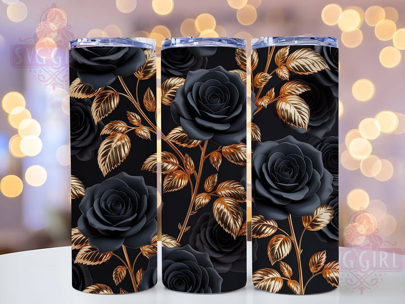 3D Black Gold Rose Tumbler, Black and Gold Design, Elegant Floral Art, Luxury Tumbler Wrap, Sublimation Design, 20oz Tumbler, Botanical Glam Sublimation SvggirlplusArt 