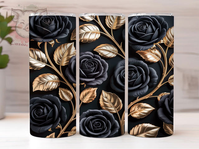 3D Black Gold Rose Tumbler, Black Gold Floral Wrap, 20Oz Skinny Tumbler, Elegant Rose Sublimation, Luxury Flower Design, Gothic Glam Tumbler, Metallic Bloom Wrap Sublimation Lara' s Designs 