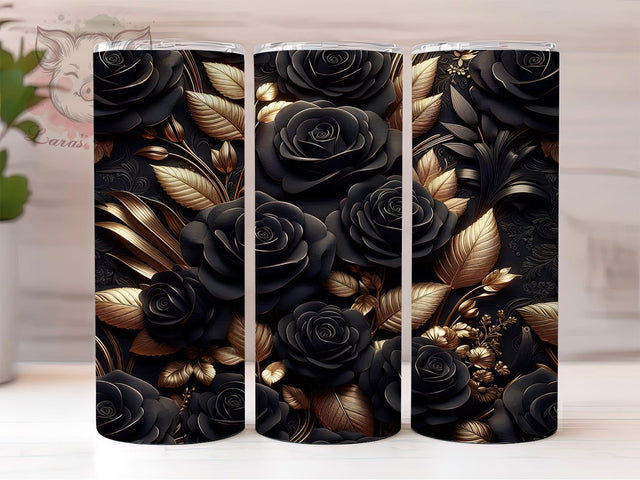3D Black Gold Rose Tumbler, Black Gold Floral Wrap, 20Oz Skinny Tumbler, Elegant Rose Sublimation, Luxury Flower Design, Gothic Glam Tumbler, Metallic Bloom Wrap Sublimation Lara' s Designs 