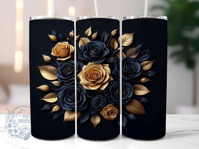 3D Black Gold Roses Flowers 20oz Skinny Tumbler, 3D Roses Flowers Tumbler Png, Straight & Tapered Tumbler Wrap, Instant Digital Download Sublimation ToriDesigns 