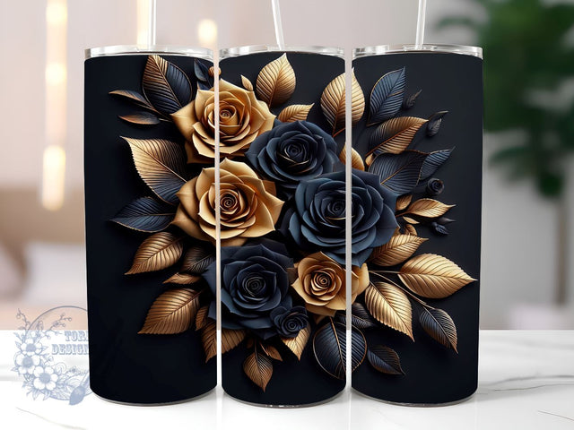 3D Black Gold Roses Flowers 20oz Skinny Tumbler, 3D Roses Flowers Tumbler Png, Straight & Tapered Tumbler Wrap, Instant Digital Download Sublimation ToriDesigns 