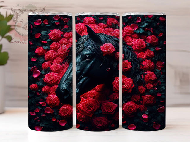3D Black Horse Red Rose Tumbler Wrap, Red Rose Wrap, Floral Horse Tumbler, 20oz Sublimation Wrap, Elegant Equestrian Cup, Gothic Horse Design, Romantic Horse Tumbler Sublimation Lara' s Designs 