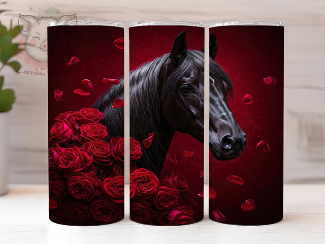 3D Black Horse Red Rose Tumbler Wrap, Red Rose Wrap, Floral Horse Tumbler, 20oz Sublimation Wrap, Elegant Equestrian Cup, Gothic Horse Design, Romantic Horse Tumbler Sublimation Lara' s Designs 