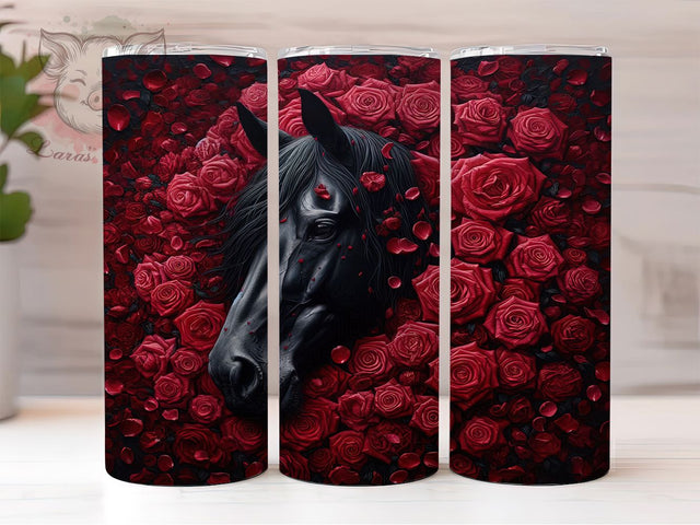 3D Black Horse Red Rose Tumbler Wrap, Red Rose Wrap, Floral Horse Tumbler, 20oz Sublimation Wrap, Elegant Equestrian Cup, Gothic Horse Design, Romantic Horse Tumbler Sublimation Lara' s Designs 
