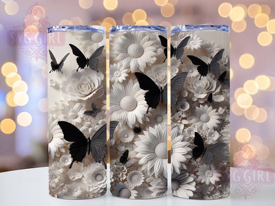 3D Black White Floral Butterfly Tumbler, Black White Floral Tumbler, Monochrome Flower Wrap, Elegant Butterfly Wrap, Whimsical Floral Wrap, Sublimation Design, Trendy Gift Idea Sublimation SvggirlplusArt 