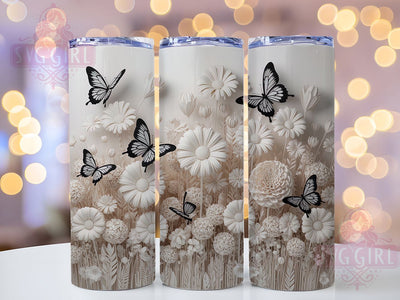 3D Black White Floral Butterfly Tumbler, Black White Floral Tumbler, Monochrome Flower Wrap, Elegant Butterfly Wrap, Whimsical Floral Wrap, Sublimation Design, Trendy Gift Idea Sublimation SvggirlplusArt 