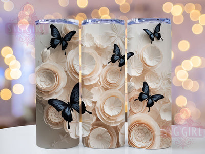 3D Black White Floral Butterfly Tumbler, Black White Floral Tumbler, Monochrome Flower Wrap, Elegant Butterfly Wrap, Whimsical Floral Wrap, Sublimation Design, Trendy Gift Idea Sublimation SvggirlplusArt 