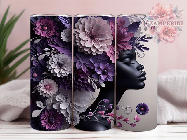 3D Black Woman Purple Floral Tumbler, Black Woman Tumbler, Purple Flowers Wrap, Whimsical Woman Wrap, Elegant Floral Wrap, Sublimation Design, Trendy Gift Idea Sublimation Li Zamperini 