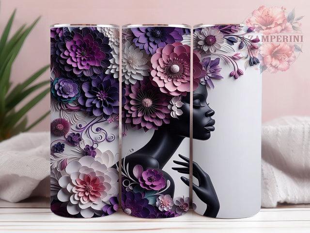 3D Black Woman Purple Floral Tumbler, Black Woman Tumbler, Purple Flowers Wrap, Whimsical Woman Wrap, Elegant Floral Wrap, Sublimation Design, Trendy Gift Idea Sublimation Li Zamperini 