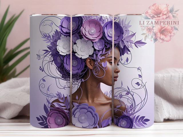 3D Black Woman Purple Floral Tumbler, Black Woman Tumbler, Purple Flowers Wrap, Whimsical Woman Wrap, Elegant Floral Wrap, Sublimation Design, Trendy Gift Idea Sublimation Li Zamperini 