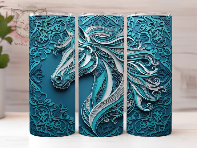 3D Blue Floral Horse Tumbler, Blue Floral Wrap, 20Oz Skinny Tumbler, Elegant Horse Sublimation, Country Western Design, Nature-Inspired Tumbler, Rustic Farm Wrap Sublimation Lara' s Designs 