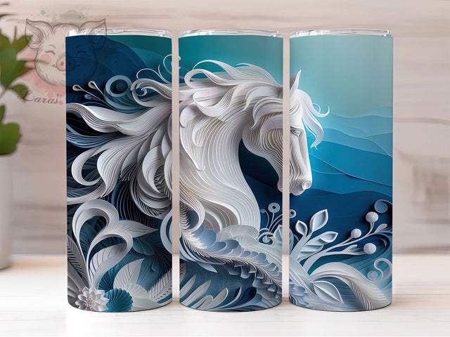 3D Blue Floral Horse Tumbler, Blue Floral Wrap, 20Oz Skinny Tumbler, Elegant Horse Sublimation, Country Western Design, Nature-Inspired Tumbler, Rustic Farm Wrap Sublimation Lara' s Designs 
