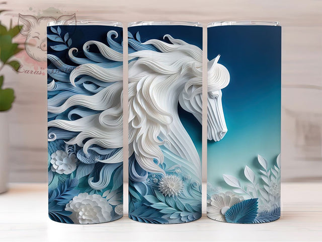 3D Blue Floral Horse Tumbler, Blue Floral Wrap, 20Oz Skinny Tumbler, Elegant Horse Sublimation, Country Western Design, Nature-Inspired Tumbler, Rustic Farm Wrap Sublimation Lara' s Designs 