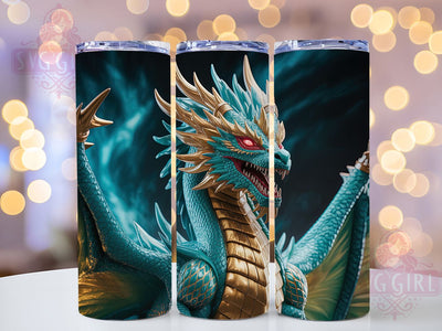 3D Blue Metallic Fantasy Dragon Tumbler, Blue Metallic Wrap, 20Oz Skinny Tumbler, Fantasy Dragon Sublimation, Shiny Dragon Design, Mythical Beast Tumbler, Metallic Fantasy Wrap Sublimation SvggirlplusArt 