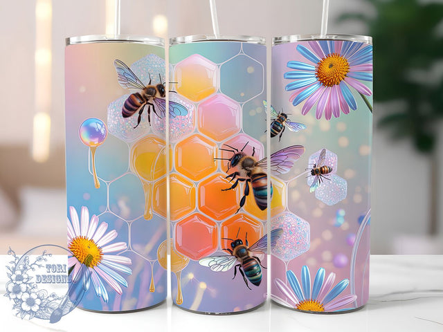 3D Boho Honeycomb Bee 20oz Tumbler, Honeycomb Pattern, Boho Style, Bumblebees, Gerbera Flowers, 20oz Wrap, PNG File Sublimation ToriDesigns 