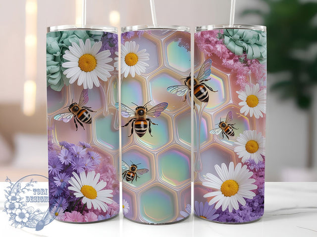 3D Boho Honeycomb Bee 20oz Tumbler, Honeycomb Pattern, Boho Style, Bumblebees, Gerbera Flowers, 20oz Wrap, PNG File Sublimation ToriDesigns 