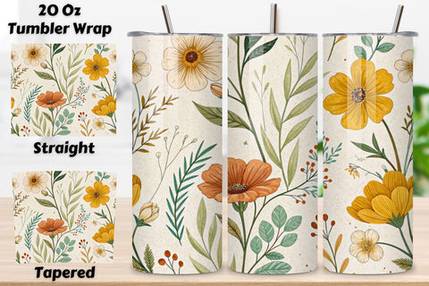 3D Boho Wildflower Seamless Tumbler Wrap, Earthy Tones and Loose Florals Sublimation FloridPrintables 