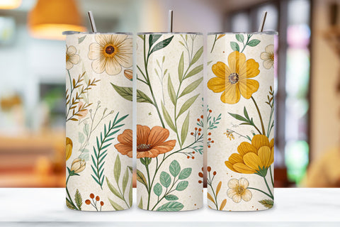 3D Boho Wildflower Seamless Tumbler Wrap, Earthy Tones and Loose Florals Sublimation FloridPrintables 