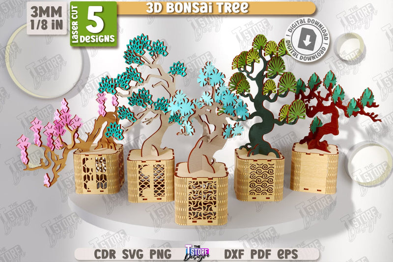 3D Bonsai Tree Laser Cut Bundle | DIY Wooden Constructor | Layout Plant Model | Plant Pot with Bonsai Tree | CNC Files SVG The T Store Design 