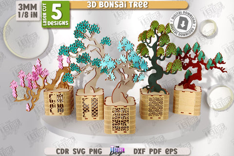 3D Bonsai Tree Laser Cut Bundle | DIY Wooden Constructor | Layout Plant Model | Plant Pot with Bonsai Tree | CNC Files SVG The T Store Design 