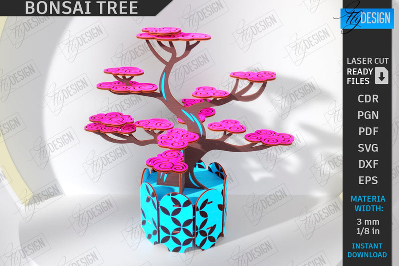 3D Bonsai Tree Laser Cut | DIY Wooden Constructor | Layout Bonsai Model | Plant Pot with Bonsai Tree | CNC File SVG Fly Design 