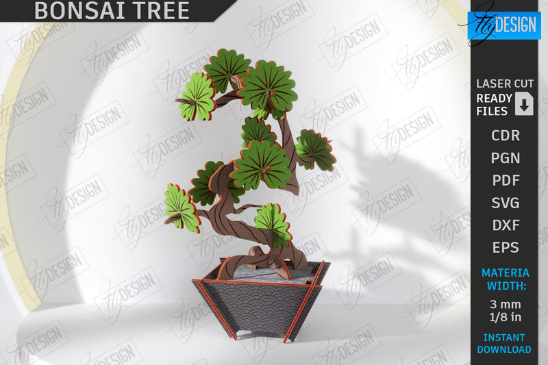 3D Bonsai Tree Laser Cut | DIY Wooden Constructor | Layout Bonsai Model | Plant Pot with Bonsai Tree | CNC File SVG Fly Design 