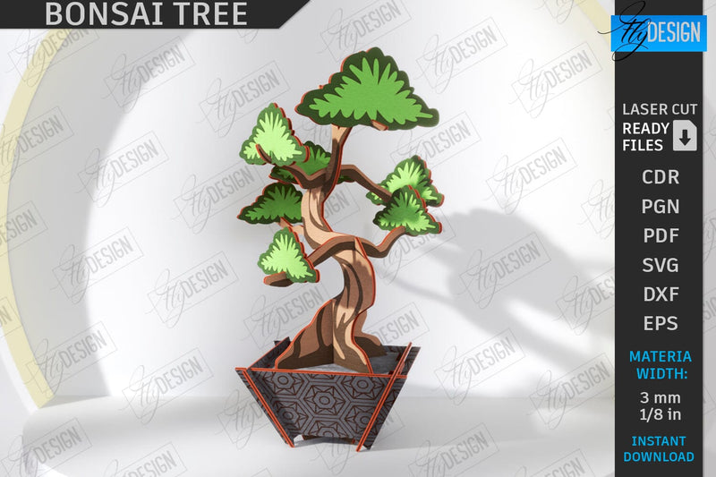 3D Bonsai Tree Laser Cut | DIY Wooden Constructor | Layout Bonsai Model | Plant Pot with Bonsai Tree | CNC File SVG Fly Design 