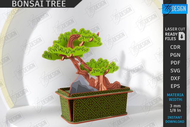 3D Bonsai Tree Laser Cut | DIY Wooden Constructor | Layout Bonsai Model | Plant Pot with Bonsai Tree | CNC File SVG Fly Design 