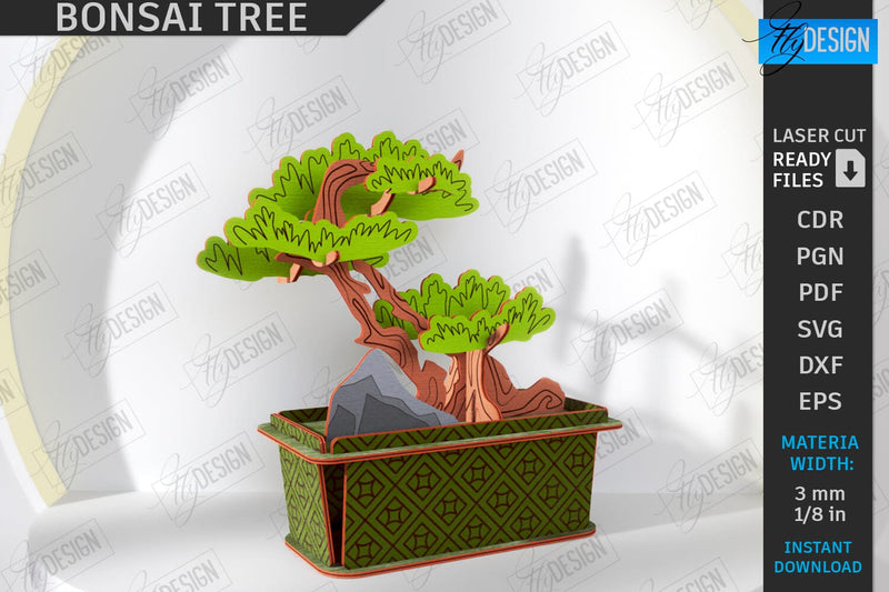 3D Bonsai Tree Laser Cut | DIY Wooden Constructor | Layout Bonsai Model | Plant Pot with Bonsai Tree | CNC File SVG Fly Design 