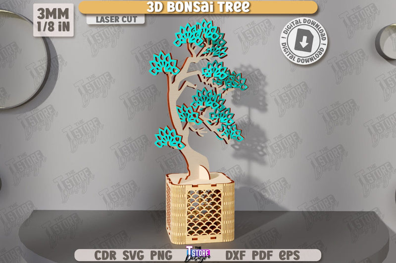 3D Bonsai Tree Laser Cut | DIY Wooden Constructor | Layout Plant Model | Plant Pot with Bonsai Tree | CNC File SVG The T Store Design 