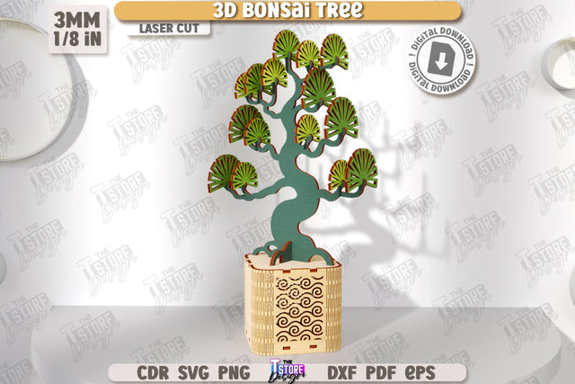 3D Bonsai Tree Laser Cut | DIY Wooden Constructor | Layout Plant Model | Plant Pot with Bonsai Tree | CNC File SVG The T Store Design 