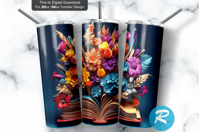 3D Books Flowers Colorful 20 Oz Tumbler Sublimation Regulrcrative 