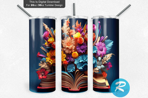 3D Books Flowers Colorful 20 Oz Tumbler Sublimation Regulrcrative 