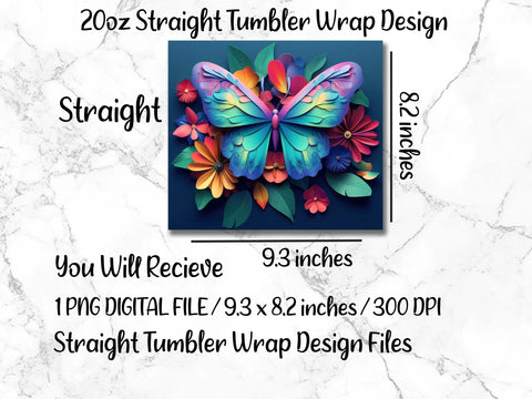 3D Butterfly 20oz Skinny Tumbler Wrap Sublimation Design. Sublimation CosmosFineArt 