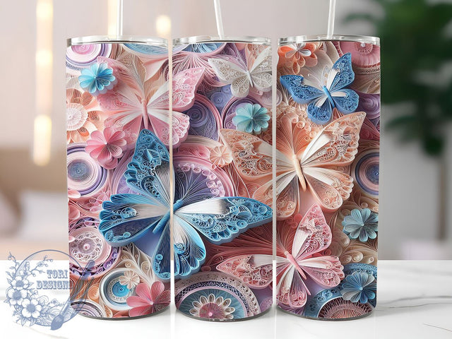 3D Butterfly Floral Pink & Blue Tumbler Wrap, Floral Tumbler Design, 3D Tumbler Wrap, Pink and Blue Tumbler, 20oz Skinny Tumbler Wrap, Sublimation Tumbler Design, Flower and Butterfly Wrap Sublimation ToriDesigns 