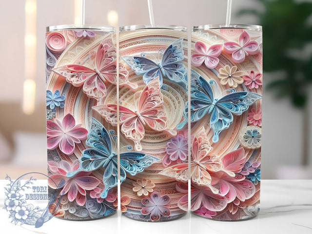 3D Butterfly Floral Pink & Blue Tumbler Wrap, Floral Tumbler Design, 3D Tumbler Wrap, Pink and Blue Tumbler, 20oz Skinny Tumbler Wrap, Sublimation Tumbler Design, Flower and Butterfly Wrap Sublimation ToriDesigns 