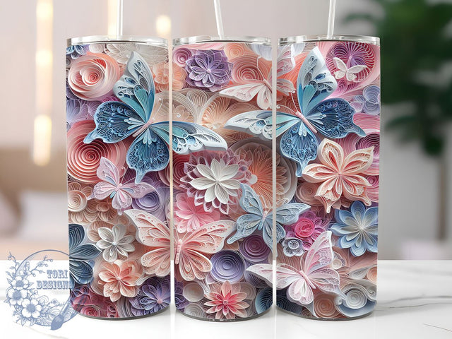 3D Butterfly Floral Pink & Blue Tumbler Wrap, Floral Tumbler Design, 3D Tumbler Wrap, Pink and Blue Tumbler, 20oz Skinny Tumbler Wrap, Sublimation Tumbler Design, Flower and Butterfly Wrap Sublimation ToriDesigns 