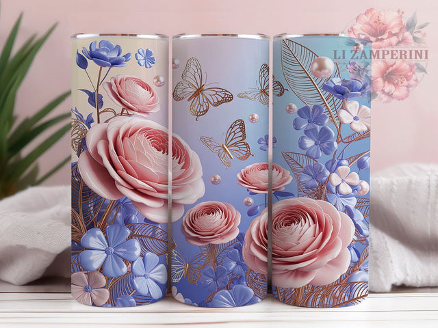 3D Butterfly Floral Tumbler, White Flowers Wrap, Seamless Nature Pattern, Sublimation Cup, 20oz Skinny Tumbler, Elegant Drinkware, Floral Style Sublimation Li Zamperini 