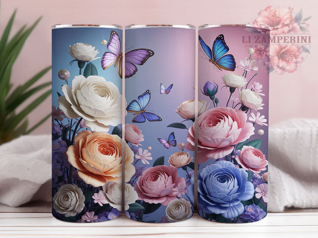 3D Butterfly Floral Tumbler, White Flowers Wrap, Seamless Nature Pattern, Sublimation Cup, 20oz Skinny Tumbler, Elegant Drinkware, Floral Style Sublimation Li Zamperini 