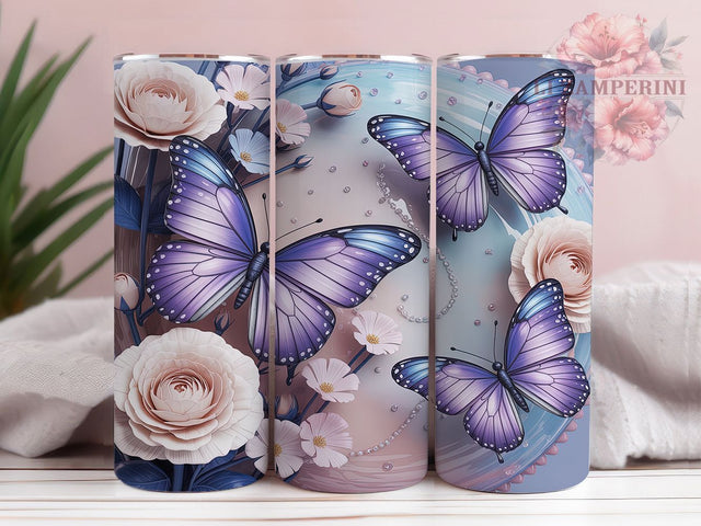 3D Butterfly Floral Tumbler, White Flowers Wrap, Seamless Nature Pattern, Sublimation Cup, 20oz Skinny Tumbler, Elegant Drinkware, Floral Style Sublimation Li Zamperini 