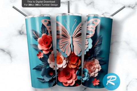 3D Butterfly Flowers 20 Oz Tumbler Sublimation Regulrcrative 