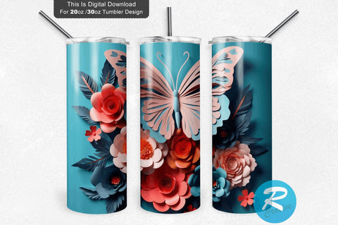 3D Butterfly Flowers 20 Oz Tumbler Sublimation Regulrcrative 