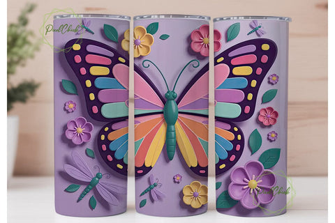3D Butterfly Garden 20oz Tumbler Wrap Sublimation PixelChick 