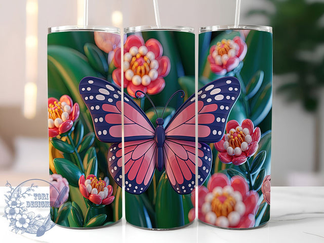 3D Butterfly Pink Floral 20oz Tumbler, Pink Floral Tumbler, Elegant Tumbler Wrap, 20oz Tumbler Wrap, Sublimation Tumbler Design, Nature Aesthetic Tumbler, Digital Download Sublimation ToriDesigns 